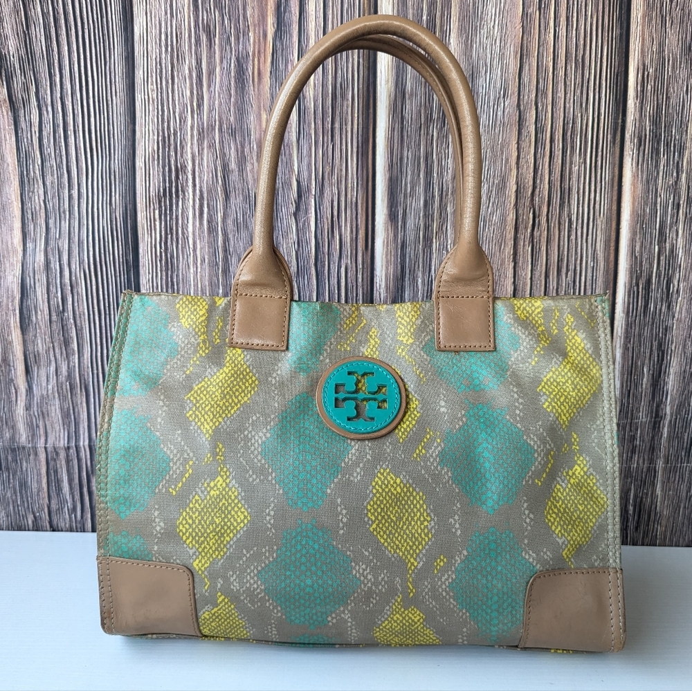 🌼 Tory Burch Teal and Yellow Patterned Tote